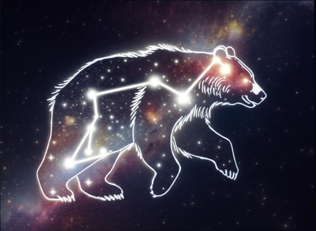 A majestic bear spirit, its fur shimmering with starlight, standing gently in a mystical forest under a cosmic sky.
