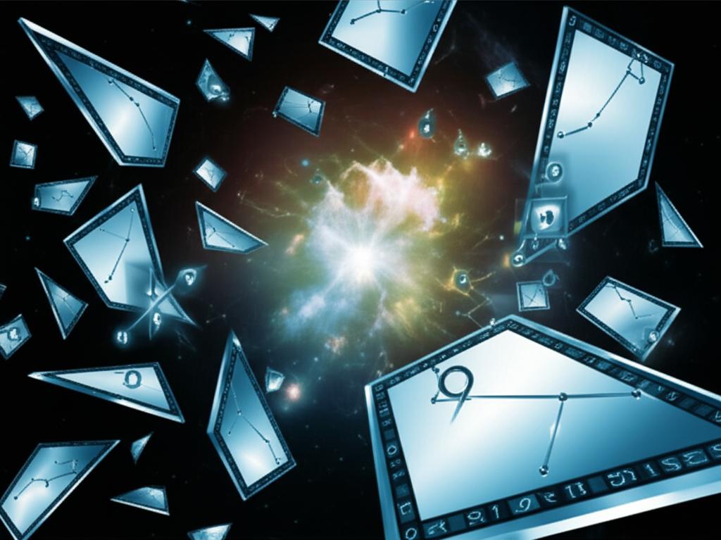 Ethereal mirror shards drift among glowing constellations and mystical numerology symbols.