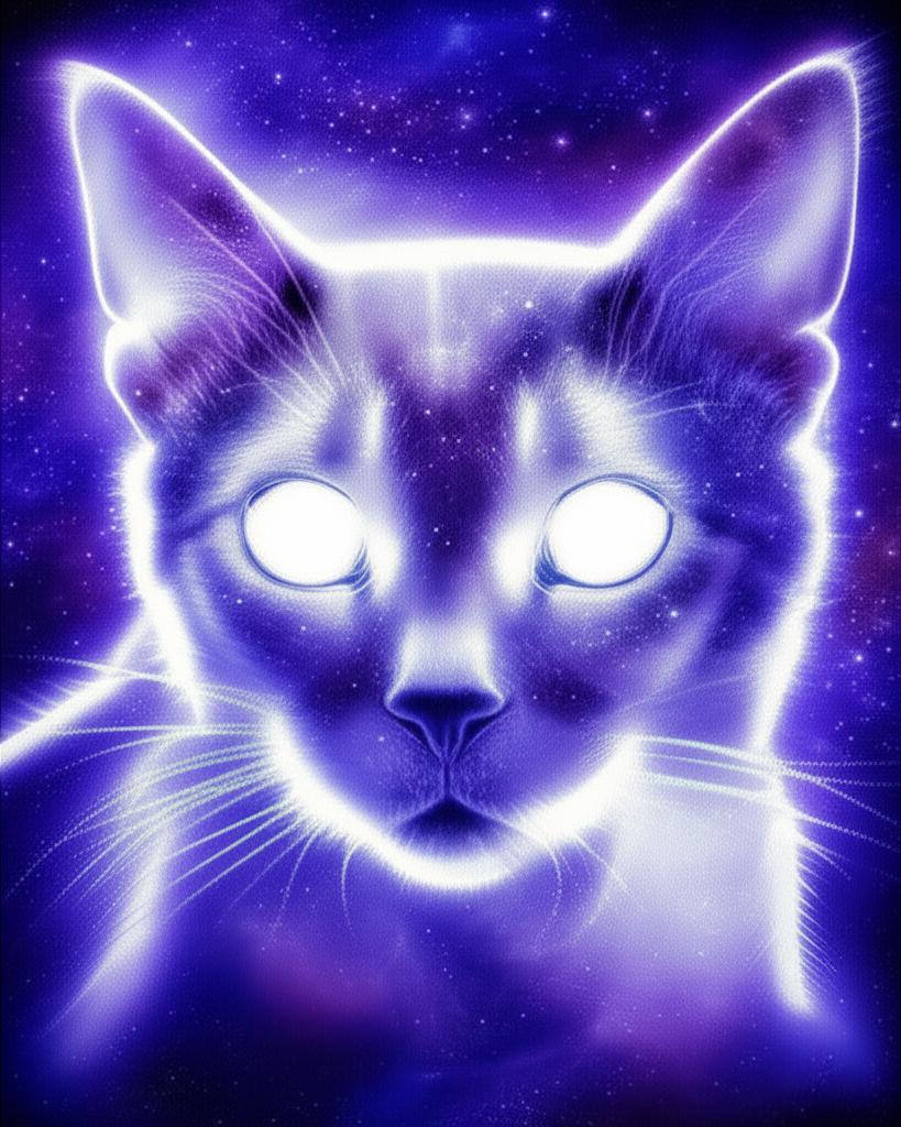 Ethereal cat spirit, eyes glowing, amidst a cosmic swirl of stars.