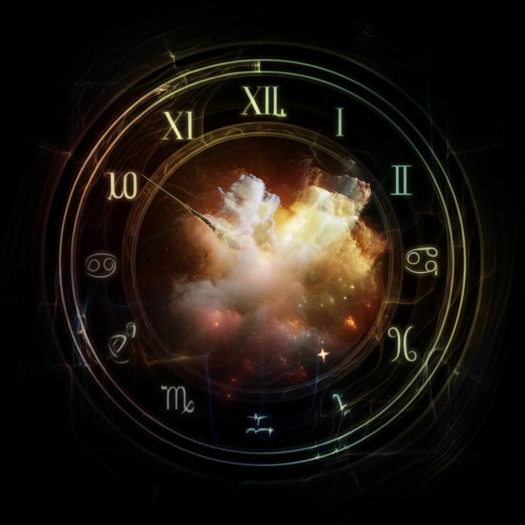Ethereal cosmic clock with swirling nebulae and glowing astrological symbols, representing the interconnectedness of time and spirituality.