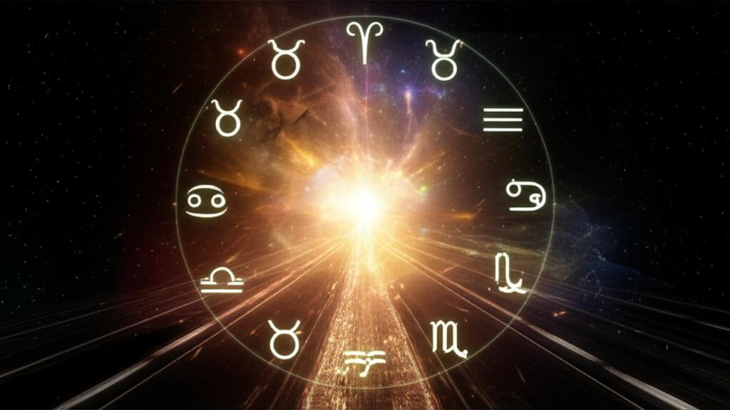 Celestial crossroads shimmering with astrological signs, guiding a pivotal choice.