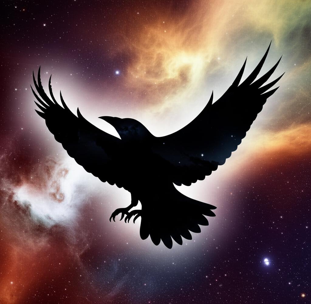 A majestic crow silhouette against a deep purple and blue twilight sky, representing mystery and ancient wisdom.